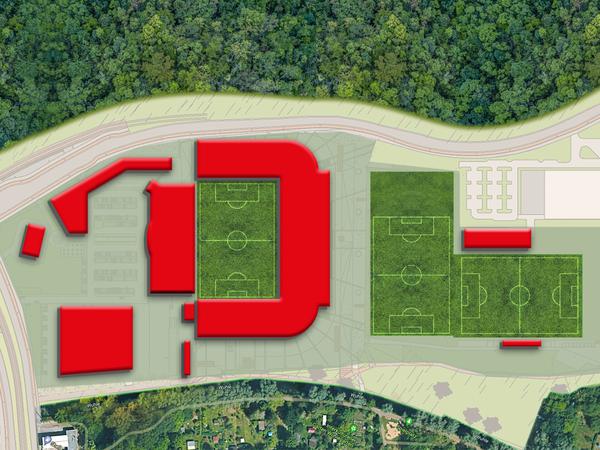 Nicht nur das Stadion soll ausgebaut werden. Es sollen auch ein Klubhaus (links oben), ein Parkhaus (links unten) und ein neues Trainingszentrum für die Profis (rechts) entstehen. 