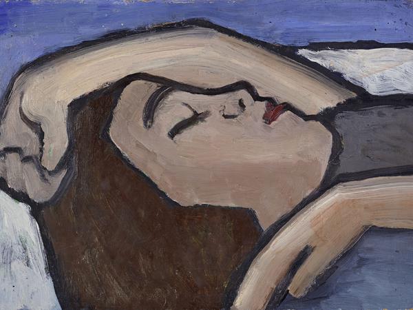 „Schlafendes Mädchen (braun, blau)„ von Gabriele Münter aus dem Jahr 1934.