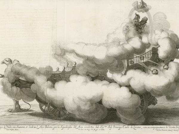 Unter Dampf. Darstellung eines fantastischen Luftschiffs aus dem Hochzeitsfest Kaiser Leopolds I., Wien, 1667. 