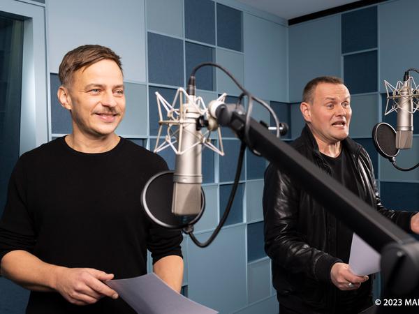 Hatten hörbar Spaß: Tom Wlaschiha mit Devid Striesow als Sprecher von Star-Lord Peter Quill und Rocket Raccoon. 