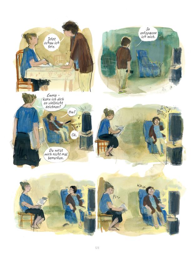 Barbara Yelin hat Emmie Arbel auch bei einfach Alltagshandlungen gezeichnet, hier beim Fernsehen.