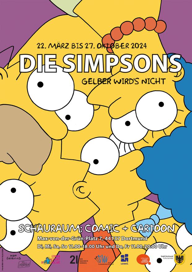 Das Plakat zur Ausstellung  „Die Simpsons – Gelber wird’s nicht: 35 Jahre Simpsons, 70 Jahre Matt Groening“, die am 22. März in Dortmund eröffnet wird.