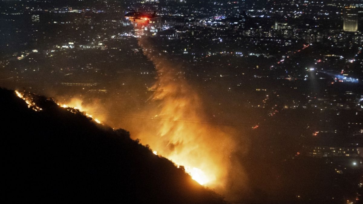 Ein Hubschrauber wirft Wasser auf das brennende Sunset Fire in den Hollywood Hills. (Foto)