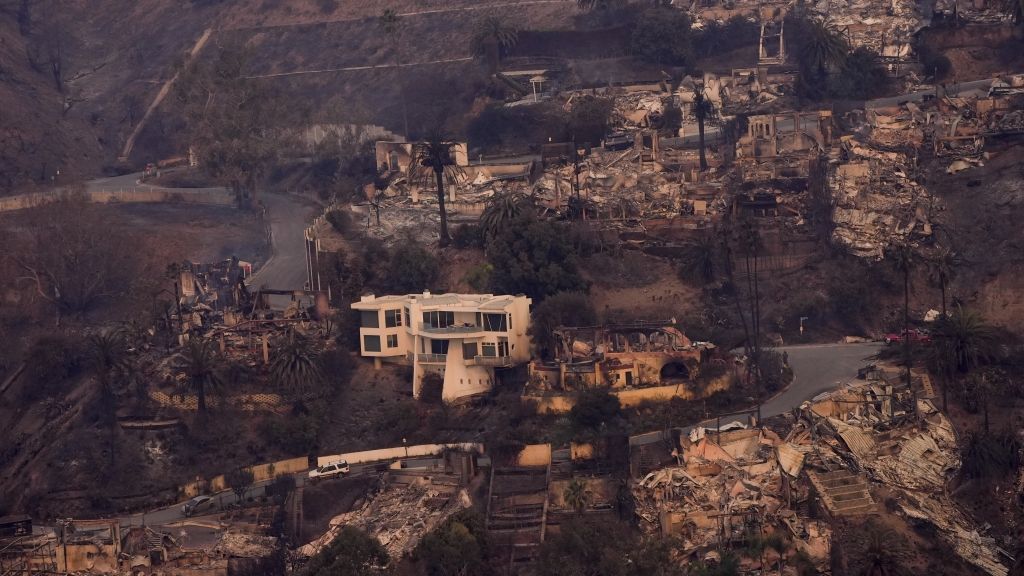 Die Verwüstung durch das Palisades-Feuer ist aus der Luft im Stadtteil Pacific Palisades von Los Angeles zu sehen. (Foto)