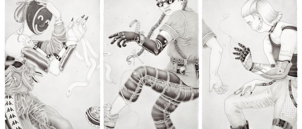 Triptychon von Barbara Lüdde, „ARM.ED/001“, 2022, Tusche auf Papier.