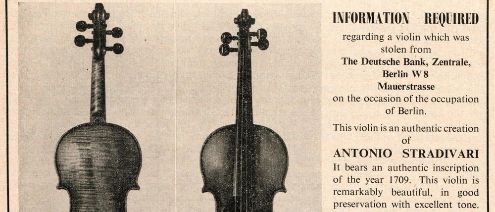 Suchanzeige für die Stradivari der Familie Mendelssohn im Fachmagazin „Strad“ aus dem Jahr 1958.