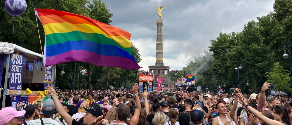 ARCHIV - 27.07.2024, Berlin: Menschen feiern beim alljährlichen Berlin Pride Umzug zum Christopher Street Day (CSD). (zu dpa: «CSD in Berlin mit lautem Protest und erhöhtem Schutz») Foto: Anna Ross/dpa +++ dpa-Bildfunk +++