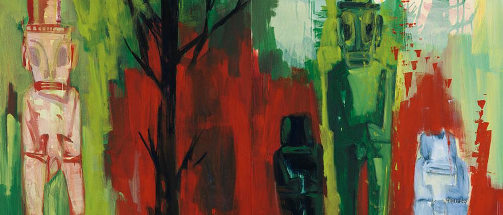 „Tiki.Marae“ von 1998: Fetischfiguren blicken aus einer rot-grünen Farbmasse den Betrachter an.