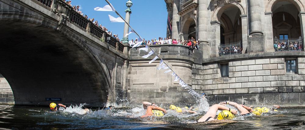 Teilnehmerinnen am „Berliner Flussbad Pokal“ schwimmen 2023 in der Spree (Archiv).