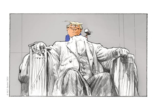 Achtung: Die Bilder müssen bis 20.1. vertraulich behandelt werden und dürfen nicht vorher veröffentlicht werden!
Die Gewinner-Werke des Wettbewerbs "Rückblende" des Tagesspiegels.
1. Preis Karikatur: Frank Hoppmann (M.F. Deubel): Ohne Titel (Handelsblatt, 22. Januar 2025)