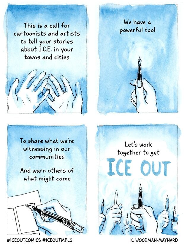 Bildfolgen von K. Woodman-Maynard
Beiträge für die Aktion #iceoutcomics, mit der US-Zeichnerinnen aktuell gegen das Vorgehen der Behörde ICE protestieren und die Erlebnisse von Betroffenen dokumentieren