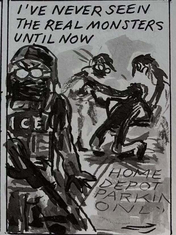 Zeichnung von Lynda Barry
Beiträge für die Aktion #iceoutcomics, mit der US-Zeichnerinnen aktuell gegen das Vorgehen der Behörde ICE protestieren und die Erlebnisse von Betroffenen dokumentieren.