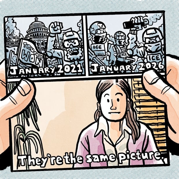 Zeichnungen von Mike Dawson
Beiträge für die Aktion #iceoutcomics, mit der US-Zeichnerinnen aktuell gegen das Vorgehen der Behörde ICE protestieren und die Erlebnisse von Betroffenen dokumentieren.