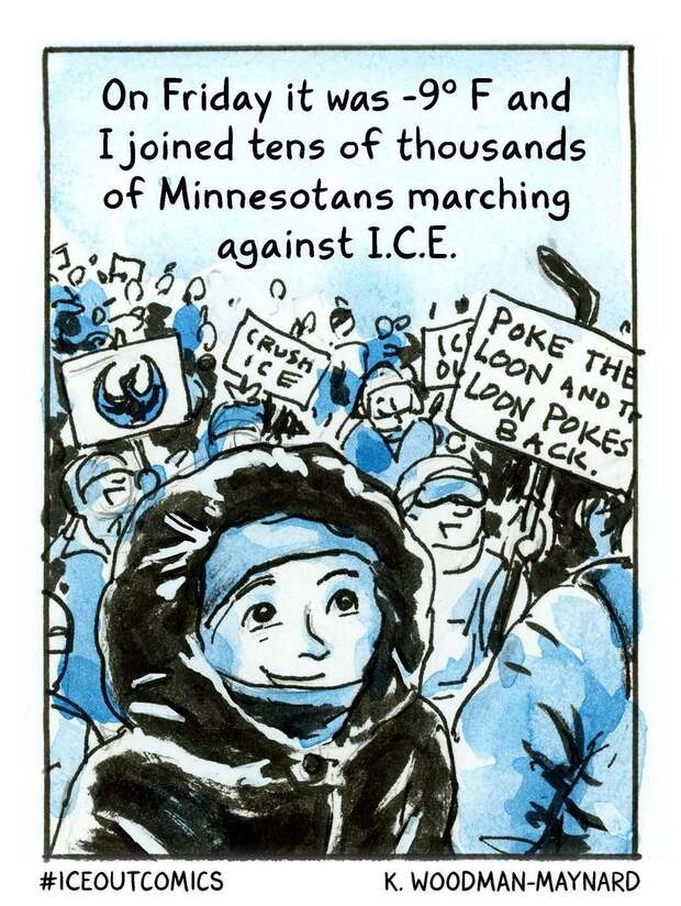 Quelle für diese Zeichnungen: K. Woodman-Maynard
Beiträge für die Aktion #iceoutcomics, mit der US-Zeichnerinnen aktuell gegen das Vorgehen der Behörde ICE protestieren und die Erlebnisse von Betroffenen dokumentieren.