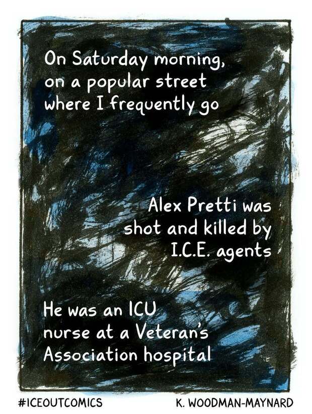 Quelle für diese Zeichnungen: K. Woodman-Maynard
Beiträge für die Aktion #iceoutcomics, mit der US-Zeichnerinnen aktuell gegen das Vorgehen der Behörde ICE protestieren und die Erlebnisse von Betroffenen dokumentieren.