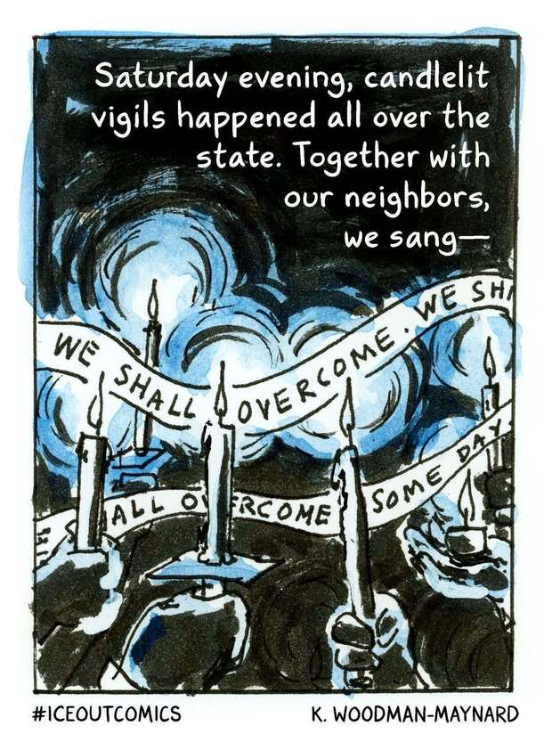 Quelle für diese Zeichnungen: K. Woodman-Maynard
Beiträge für die Aktion #iceoutcomics, mit der US-Zeichnerinnen aktuell gegen das Vorgehen der Behörde ICE protestieren und die Erlebnisse von Betroffenen dokumentieren.