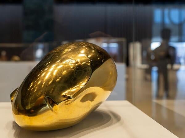 17.03.2026, Berlin: Die Bronzeskulptur "Schlafende Muse" (1910) des Bildhauers Constantin Brancusi (1876-1957) liegt in der Neuen Nationalgalerie während der Pressevorbesichtigung der Ausstellung "Brancusi" hinter Glas auf einem Sockel. Die in Kooperation mit dem Centre Pompidou Paris veranstaltete Ausstellung über den französischen Bildhauer ist von 20.03. bis 09.08.2026 zu sehen. Foto: Soeren Stache/dpa - ACHTUNG: Nur zur redaktionellen Verwendung im Zusammenhang mit einer Berichterstattung über die Auktion/die Ausstellung und nur mit vollständiger Nennung des vorstehenden Credits +++ dpa-Bildfunk +++