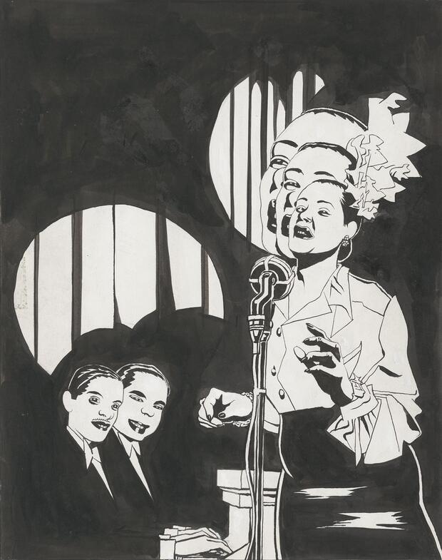 Ausstellung "José Muñoz. Broken Voices" im Cartoonmuseum Basel
Quelle für die Zeichnung, die alle im Kontext der auf unseren Comicseiten für Ende der Woche (KW geplanten Ausstellungsbesprechung kostenfrei benutzt werden dürfen:
© José Muñoz, «Billie Holiday», Szenario Carlos Sampayo, 1988–1991 Casterman, Paris, 1991