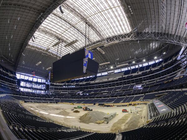 Mar 13, 2026; Arlington, Texas, USA; A view of the interior of AT&T Stadium as work crews prepare the soccer playing field for the 2026 FIFA World Cup. Mandatory Credit: Jerome Miron-Imagn Images