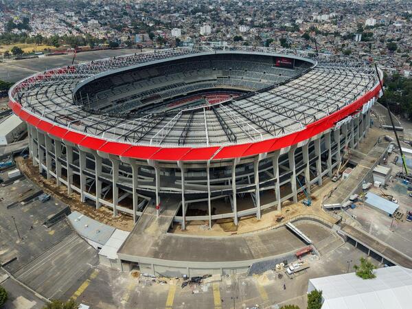 21.03.2026, Mexiko, Mexiko-Stadt: Luftaufnahme der Renovierungsarbeiten im Banorte-Stadion (Azteca-Stadion, Aztekenstadion) , eine Woche vor seiner Wiedereröffnung für die FIFA Fußball-Weltmeisterschaft 2026. Foto: Carlos Santiago/eyepix via ZUMA Press Wire/dpa +++ dpa-Bildfunk +++