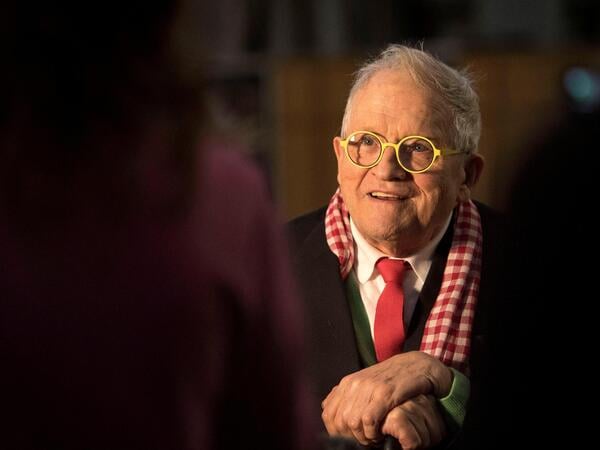 FILE PHOTO: British artist David Hockney poses inside Westminster Abbey, where he has designed a new stained glass window, in London, Britain, September 26, 2018. Victoria Jones/Pool via REUTERS/File Photo