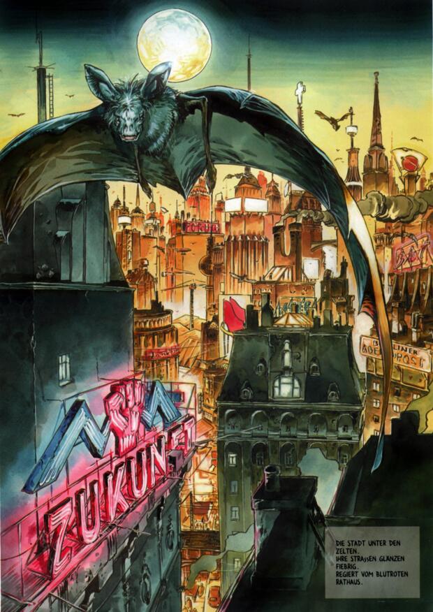 Der Comic "Berlinoir" spielt in der Kulisse der Stadt. FLEDERMAUS fliegt vorm Fernsehturm. Zeichnungen: Reinhard Kleist