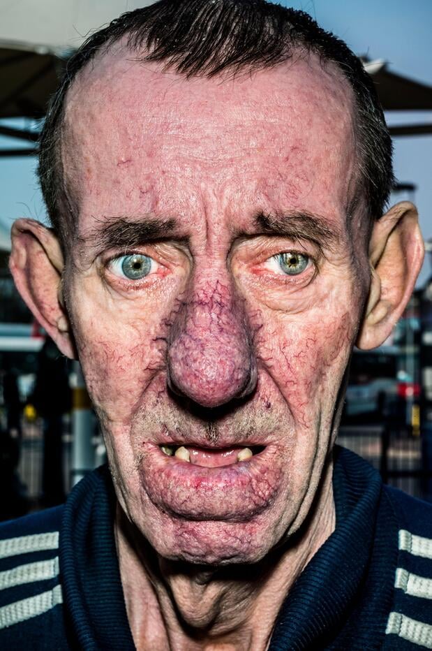 Bruce Gilden, GB. West Bromwich. 2014. Peter at the bus station.