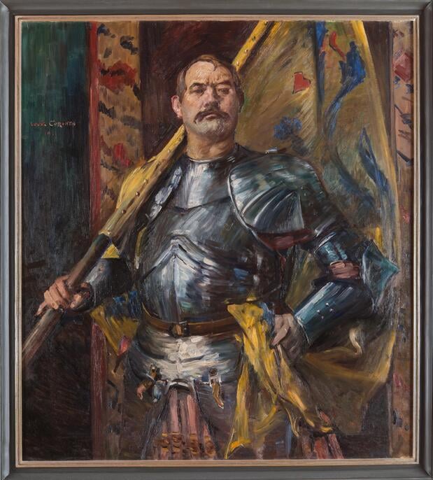 Lovis Corinth stellte auch sich selbst immer wieder in dramatischen, vom Theater inspirierten Posen dar - hier als Fahnenträger, 1911.